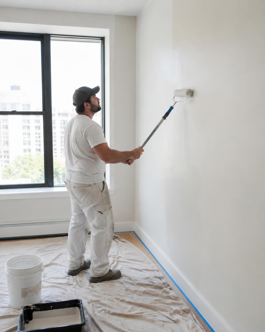 Pintor profissional aplicando tinta clara com rolo na parede de um apartamento